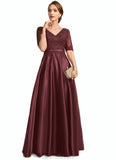 Deborah A-line V-Neck Floor-Length Lace Satin Mother of the Bride Dress With Sequins STKP0021803