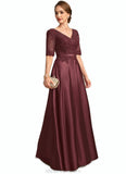 Deborah A-line V-Neck Floor-Length Lace Satin Mother of the Bride Dress With Sequins STKP0021803