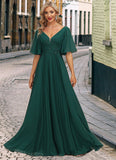 Amy A-line V-Neck Floor-Length Chiffon Mother of the Bride Dress With Pleated Appliques Lace Sequins STKP0021807