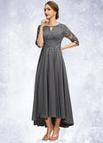 Nancy A-line Scoop Asymmetrical Chiffon Lace Mother of the Bride Dress With Pleated Sequins STKP0021812