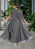 Naomi A-line V-Neck Illusion Ankle-Length Chiffon Lace Mother of the Bride Dress With Sequins STKP0021830