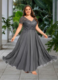 Naomi A-line V-Neck Illusion Ankle-Length Chiffon Lace Mother of the Bride Dress With Sequins STKP0021830