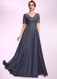 Lilyana A-line V-Neck Illusion Floor-Length Chiffon Lace Mother of the Bride Dress With Sequins STKP0021867