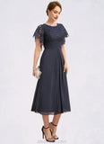 Sherry A-line Scoop Tea-Length Chiffon Lace Mother of the Bride Dress With Pleated STKP0021928