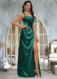 Elisa Sheath/Column Asymmetrical Floor-Length Stretch Satin Prom Dresses STKP0022193