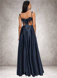 Melinda A-line Straight Floor-Length Satin Prom Dresses With Bow STKP0022195