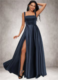 Melinda A-line Straight Floor-Length Satin Prom Dresses With Bow STKP0022195