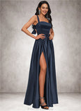 Melinda A-line Straight Floor-Length Satin Prom Dresses With Bow STKP0022195