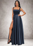 Melinda A-line Straight Floor-Length Satin Prom Dresses With Bow STKP0022195