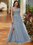 Marissa A-line One Shoulder Floor-Length Tulle Prom Dresses With Appliques Lace Sequins STKP0022200