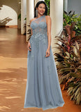 Marissa A-line One Shoulder Floor-Length Tulle Prom Dresses With Appliques Lace Sequins STKP0022200