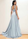 Denisse A-line Sweetheart Sweep Train Satin Prom Dresses With Bow STKP0022203