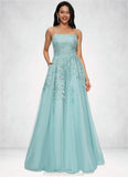 Abbey Ball-Gown/Princess Straight Floor-Length Tulle Prom Dresses With Appliques Lace Sequins STKP0022206