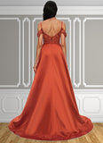 Emelia A-line Off the Shoulder Sweep Train Satin Prom Dresses With Rhinestone STKP0022208