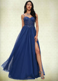 Camille Ball-Gown/Princess Sweetheart Sweep Train Tulle Prom Dresses With Appliques Lace Sequins STKP0022210