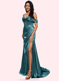 Gina Trumpet/Mermaid V-Neck Sweep Train Stretch Satin Prom Dresses With Beading Rhinestone Sequins STKP0022213