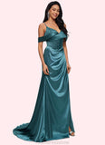 Gina Trumpet/Mermaid V-Neck Sweep Train Stretch Satin Prom Dresses With Beading Rhinestone Sequins STKP0022213