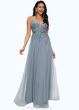 Cheyanne A-line V-Neck Floor-Length Tulle Prom Dresses With Appliques Lace Sequins STKP0022223