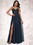 Elena A-line V-Neck Floor-Length Tulle Prom Dresses With Sequins STKP0022224