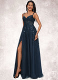 Elena A-line V-Neck Floor-Length Tulle Prom Dresses With Sequins STKP0022224