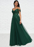 Elyse A-line Off the Shoulder Floor-Length Tulle Prom Dresses With Appliques Lace Sequins STKP0022231