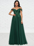 Elyse A-line Off the Shoulder Floor-Length Tulle Prom Dresses With Appliques Lace Sequins STKP0022231