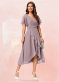 Maya A-line V-Neck Asymmetrical Chiffon Cocktail Dress With Cascading Ruffles Ruffle STKP0022238