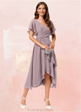 Maya A-line V-Neck Asymmetrical Chiffon Cocktail Dress With Cascading Ruffles Ruffle STKP0022238