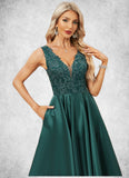 Tara A-line V-Neck Tea-Length Lace Satin Evening Dress With Sequins STKP0022270