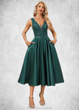 Tara A-line V-Neck Tea-Length Lace Satin Evening Dress With Sequins STKP0022270