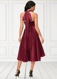 Everly A-line Halter One Shoulder V-Neck Asymmetrical Silky Satin Cocktail Dress With Ruffle STKP0022280