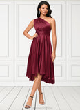 Everly A-line Halter One Shoulder V-Neck Asymmetrical Silky Satin Cocktail Dress With Ruffle STKP0022280