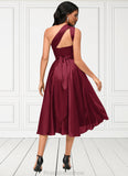 Everly A-line Halter One Shoulder V-Neck Asymmetrical Silky Satin Cocktail Dress With Ruffle STKP0022280