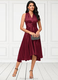 Everly A-line Halter One Shoulder V-Neck Asymmetrical Silky Satin Cocktail Dress With Ruffle STKP0022280