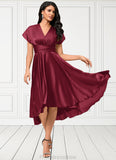 Everly A-line Halter One Shoulder V-Neck Asymmetrical Silky Satin Cocktail Dress With Ruffle STKP0022280