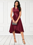 Everly A-line Halter One Shoulder V-Neck Asymmetrical Silky Satin Cocktail Dress With Ruffle STKP0022280