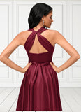 Everly A-line Halter One Shoulder V-Neck Asymmetrical Silky Satin Cocktail Dress With Ruffle STKP0022280