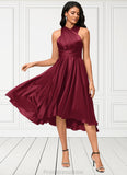 Everly A-line Halter One Shoulder V-Neck Asymmetrical Silky Satin Cocktail Dress With Ruffle STKP0022280