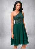 Alisha A-line One Shoulder Knee-Length Chiffon Lace Cocktail Dress With Sequins STKP0022313