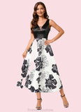 Yesenia A-line V-Neck Tea-Length Polyester Cocktail Dress With Flower STKP0022320