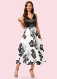 Yesenia A-line V-Neck Tea-Length Polyester Cocktail Dress With Flower STKP0022320