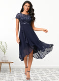 Aryanna A-line Scoop Asymmetrical Chiffon Lace Cocktail Dress With Cascading Ruffles STKP0022334