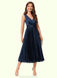 Tianna A-line V-Neck Tea-Length Silky Satin Cocktail Dress With Pleated Ruffle STKP0022341