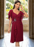 Nylah Sheath/Column V-Neck Knee-Length Chiffon Cocktail Dress With Beading Cascading Ruffles STKP0022350