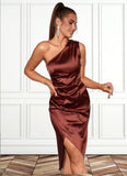 Phoebe Ruffle One Shoulder Elegant Sheath/Column Satin Midi Dresses STKP0022363