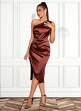 Phoebe Ruffle One Shoulder Elegant Sheath/Column Satin Midi Dresses STKP0022363