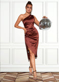 Phoebe Ruffle One Shoulder Elegant Sheath/Column Satin Midi Dresses STKP0022363