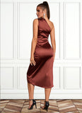 Phoebe Ruffle One Shoulder Elegant Sheath/Column Satin Midi Dresses STKP0022363