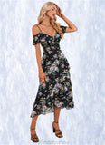 Mallory Floral Print Cold Shoulder Elegant A-line Chiffon Asymmetrical Dresses STKP0022369