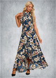 Allison Ruffle Floral Print High Neck Elegant A-line Polyester Asymmetrical Dresses STKP0022373